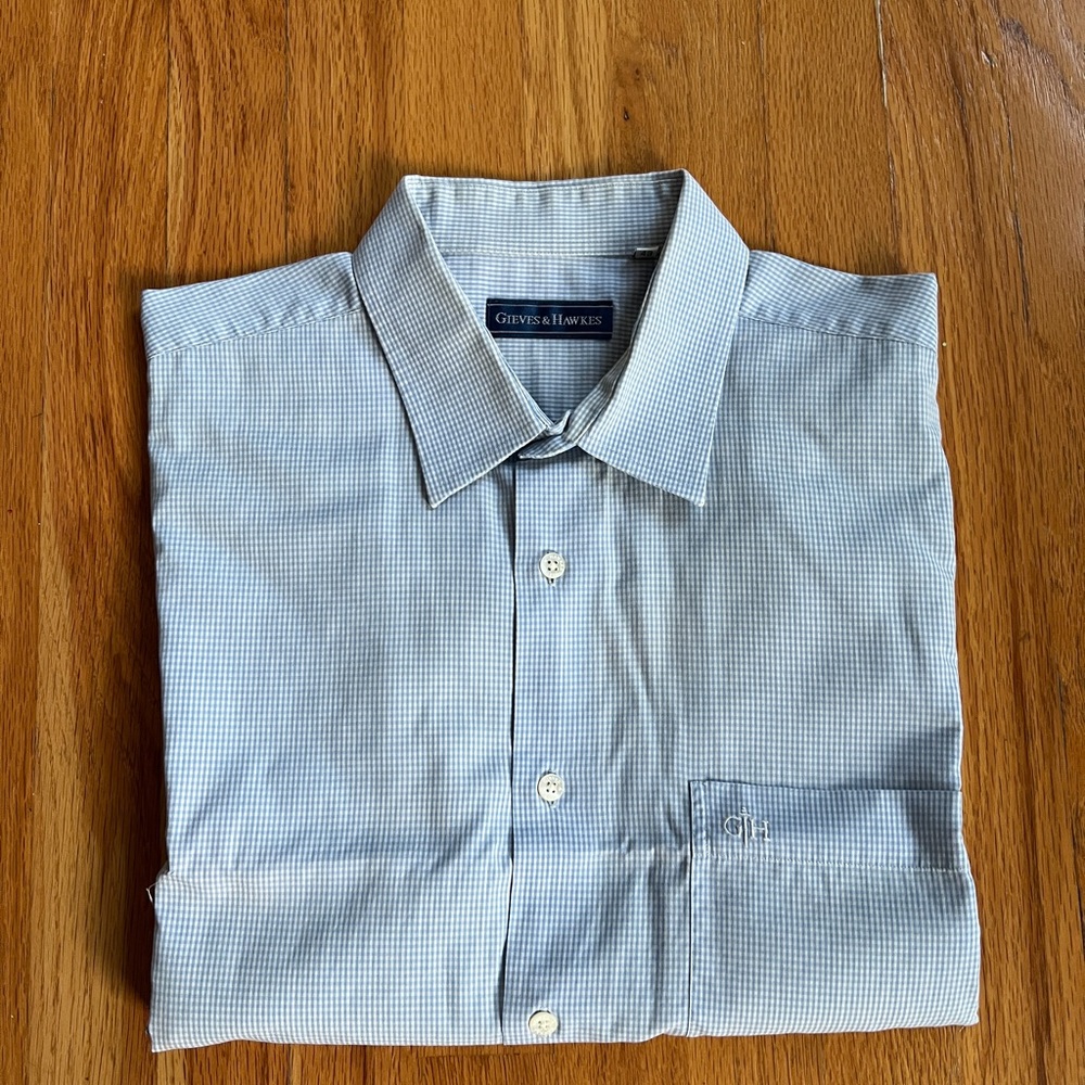 GIEVES & HAWKES Short Sleeve Light blue Shirt gingham embroidery Logo size 43/17 - Picture 7 of 12